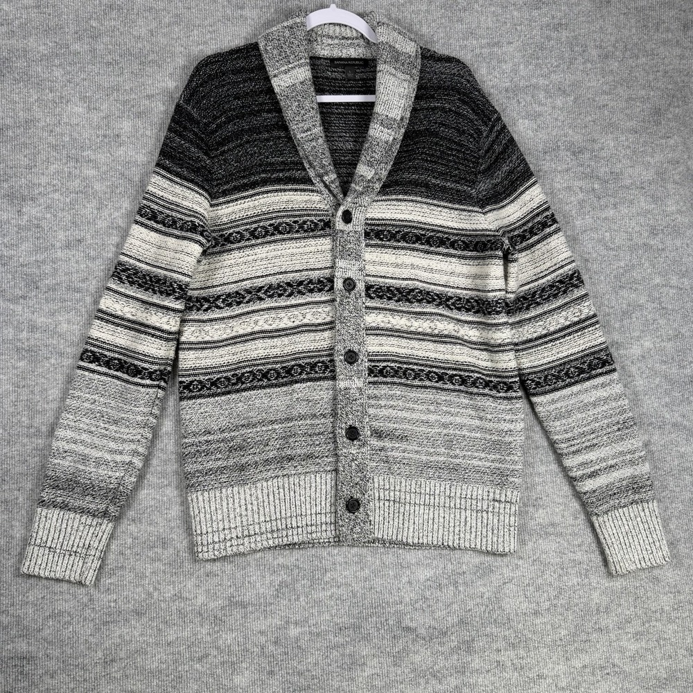 Banana Republic Size-L Mens Cardigan Collar Sweater‎ Gray Merino Wool Tribal